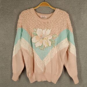 Vintage 80s Jaclyn Smith Medium Pastel Peach Green‎ Pullover Granny Knit Sweater